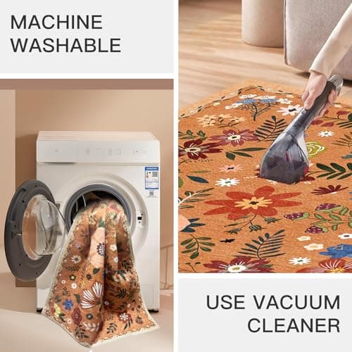 Washable Area Rugs, Floral Rug, Large Carpet for Living Room Bedroom,5'x 7',Orange - Thumbnail 6