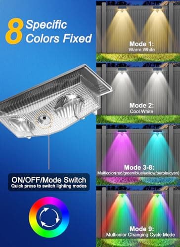 CREPOW Solar Fence Lights, Fence Light Solar Powered with 6 RGB Colors & Warm White & Cool White, Waterproof Bright Backyard Fence Solar Outdoor Lights for Outside Deck Wall Step Patio Pool(12 Packs) - Thumbnail 2
