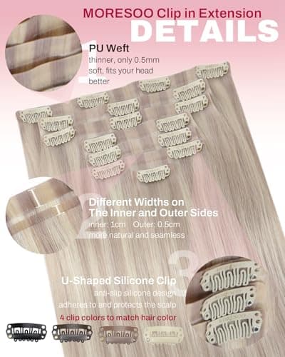 Moresoo Seamless Clip in Hair Extensions Real Human Hair Blonde Highlight Remy PU Weft Human Hair Clip in Extensions for Women Cool Ash Brown with Bleach Blonde with A Hint of Pink 7pcs 120g 20Inch - Thumbnail 4