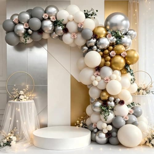 Silver Grey Balloon Garland Arch Kit 143Pcs Sand White Grey Metallic Silver Gold Latex Balloons for Bridal Shower Anniversary Engagement Wedding Birthday Party Decorations - Thumbnail 6