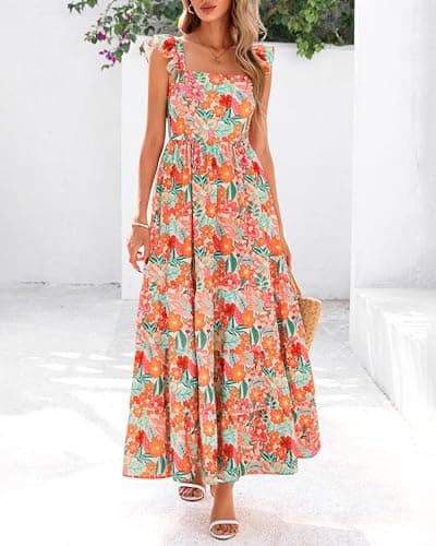 dowerme Summer Dresses for Women 2026 Casual Ruffle Smocked Tiered A-Line Boho Floral Maxi Beach Sun Dress with Pockets(Light Apricot Orange Flower,Small) - Thumbnail 3