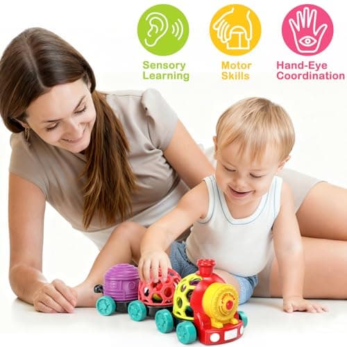 WEEJOYGAM Train Baby Toys 6-12 Months, Infant Soft Cars for Toddlers 1-3 Boy Easter Basket Stuffers Birthday Gift 6 7 8 9 10 Month 1 Year Old Boy Cause Effect Montessori Musical Push Truck Ball Rattle - Thumbnail 3