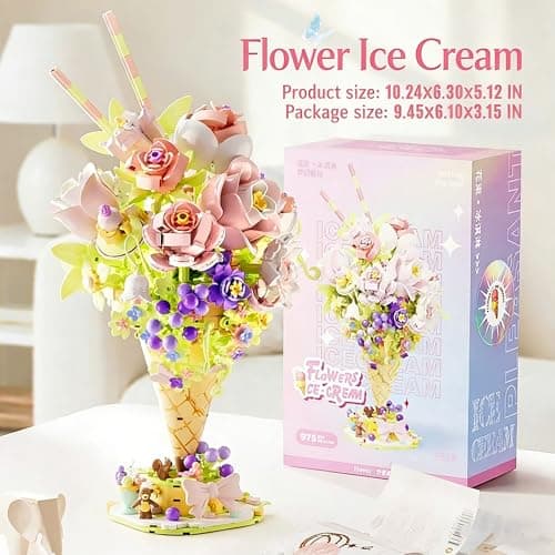 FRIMNS Ice Cream Flower Building Set with Lights, 975pcs DIY Birthday Gift Flower Building Blocks Toy for Adults Women Mom Teen (14+) - Home, Office Decor Anniversary Easter Gift Idea - Thumbnail 3