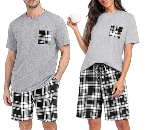 PrinStory Women's Pajama Sets - Soft Comfort Pjs Loose Fit Classic Crewneck Tops with Bottoms Loungewear Sleep Set Black White Plaid L - Image 1