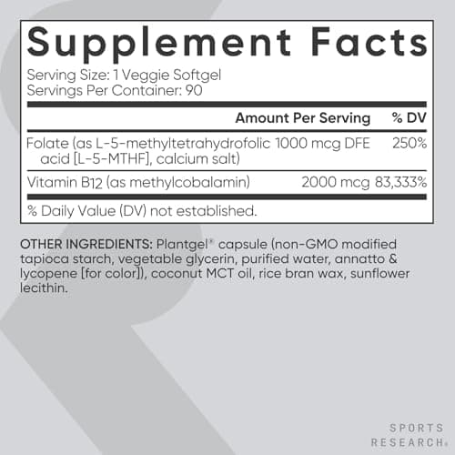 Sports Research® Methyl Folate + B12-1000 mcg L-Methylfolate & 2000 mcg Methylcobalamin for Cellular Energy Support - Vegan B12 w/Coconut MCT Oil - Non-GMO, Gluten Free - 90 Veggie Softgels - Thumbnail 5