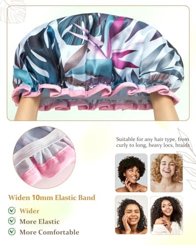 mikimini Large Shower Cap for Women Reusable Waterproof, Hair Cap for Shower with Double Layers, Tropic Style Hair Cover with Elastic Band for Shower suit for Long Hair, Braids - Thumbnail 5