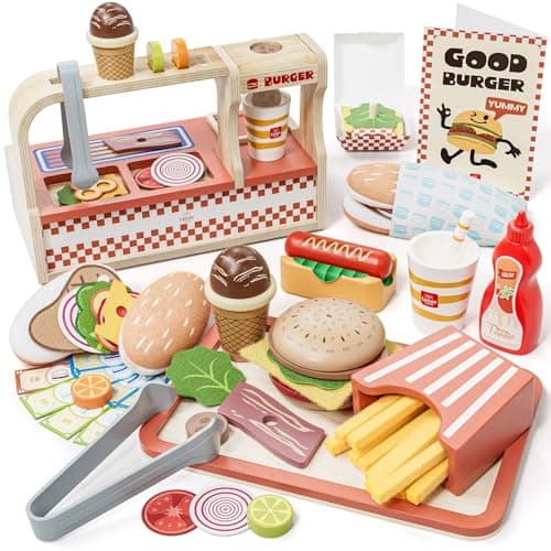 Lehoo Castle Wooden Play Food Sets, Play Hamburger Counter Shop, Toy Food for Toddlers, Play Food Sets for Kids Kitchen, Fake Food Pretend Play for Toddlers 3-5 - Image 1