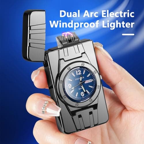 TIKIUKI Luxury Windproof Dual Arc LED Display USB Rechargeable Plasma Lighter Elegant Gift for Birthday Father's Day and Special Occasions（Black ice Blue） - Thumbnail 5