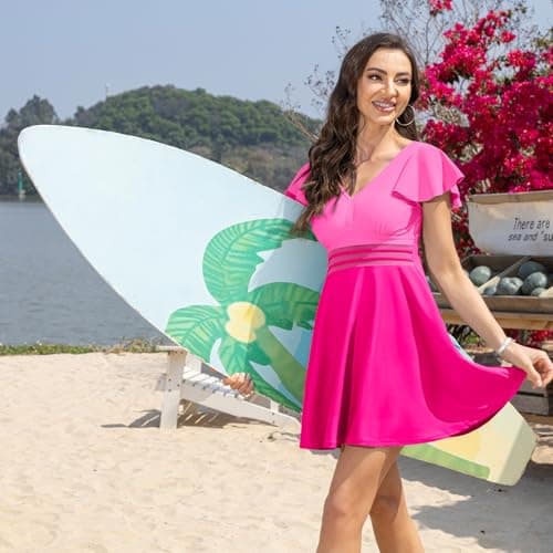 Arolina Swim Dress for Women Swimwear 2 Piece Tummy Control Swimsuits Swimdress with Shorts Hot Pink - Thumbnail 4