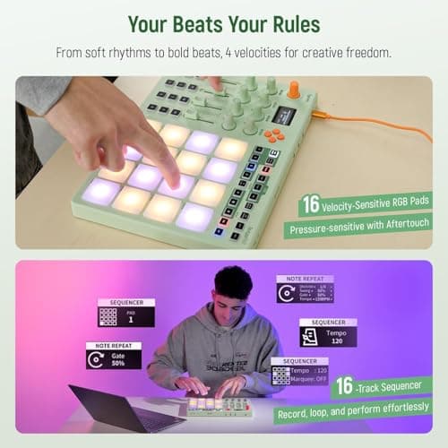 Midi Pad Controller, Portable Beat Maker Machine with Drum Pads, Beginners Beating Pad Velocity Sensitive, LED Display for Music Production (Wireless MIDI) - Thumbnail 4