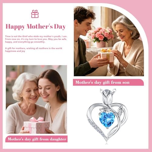 JACUPO Heart Birthstone Silver Necklace for Women(03 - Aquamarine) - Thumbnail 3