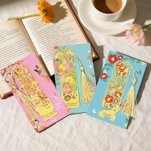 HOMTEK 3pcs Metal Flower Bookmarks with Tassel, Goden Hollow Butterfly Theme Book Marks for Reading Women, Cute Book Markers for Book Lovers Writers Readers Teens Women Teachers Students (Style B) - Thumbnail 3