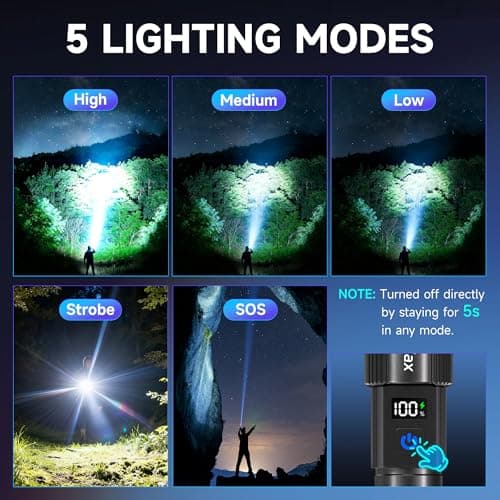 Tughlax 4Pack Rechargeable Flashlights High Lumens 10000LM, Super Bright Flashlight with LCD Digital Display, 5 Modes Adjustable Flash Light, LED Flashlight Powerful, Tactical Flashlights for Home - Thumbnail 3