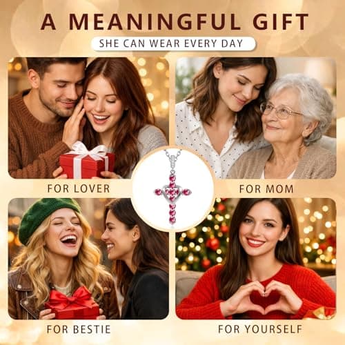 Cross Necklace for Women, Heart Cross Necklace for Women, 18K Gold Plated, Silver Necklace for Women, Dainty Cubic Zirconia Pendant, Hypoallergenic Jewelry for Women, Christian Religious Gifts(Rose Red-Silver) - Thumbnail 6