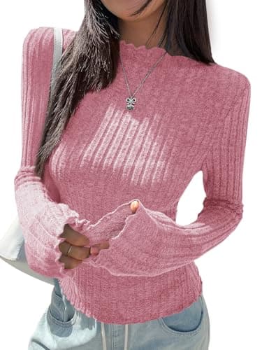 PRETTYGARDEN Long Sleeve Shirts for Women Lightweight 2026 Fall Fashion Lightweight Mock Neck Tight Tops Ladies Work Blouses (Pink, XX-Large) - Image 1