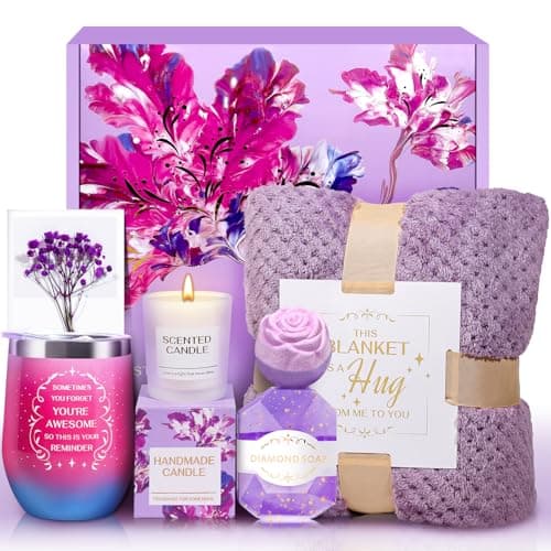 Birthday Gifts for Women, Self Care Relaxing Spa Gift Baskets with Flannel Blanket for Mom, Wife, Sister, Grandma, Friends, Her, Thank You, Anniversary, Retirement Gift(Purple) - Image 1