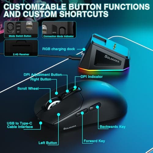 SOLAKAKA SM820 Wireless Gaming Mouse with RGB Charging Dock,24000 DPI Tri-Modes Wireless Mouse with 2 Side Buttons,Programmable Macro Mouse for Gaming(Black) - Thumbnail 6