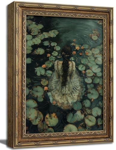 Gold Framed Wall Art, Moody Victorian Woman Canvas Prints - Dark Academia Woman in the Lake Pictures, Vintage Gothic Aesthetic Cottagecore Decor Gallery Artwork for Living Room, Bedroom 12x16 inch