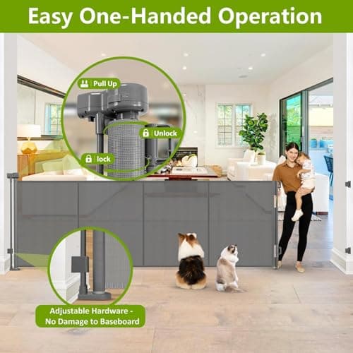 Reinforced 42" Extra Tall Pet Gate 155" Extra Wide Retractable Baby Gate with Support Rods - Prevent Crawling Under, Indoor/Outdoor Mesh Safety Gate Extra Wide Dog Gate Tall Baby Gates for Dogs, Gray - Thumbnail 6
