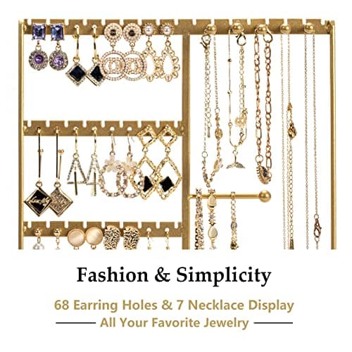 PiQi-Grecge Jewelry Organizer, 4-Tier Earring Holder Organizer with Metal Tray, Jewelry Holder Stand for Necklaces Stud Earrings Bracelets and Rings, Earring Organizer (Gold) - Thumbnail 3