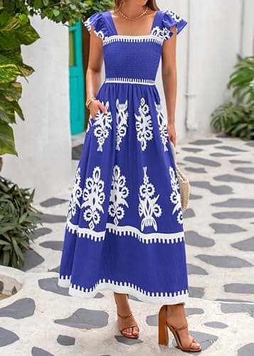 BTFBM Summer Dresses for Women 2026 Casual Floral Boho Sleeveless Square Neck A Line Flowy Beach Maxi Sundress Pockets(Blue Flower, X-Large) - Thumbnail 2