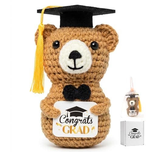 NIUBEHOHO Graduation Crochet Bear Graduation Gifts - Handmade Brown Bear with Congrats Grad Crad Graduation Box Mesh Bag for Him Her College Classmates Graduate You Did It Gift