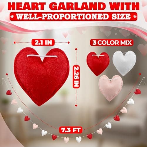 Felt Heart Garland Decorations with 3D Felt Hearts – Adjustable Spacing on 7.3 FT String for Fireplace, Wall or Shelf Styling – Heart Garland for Mantle in Pink, Red and White with 16 Sliding Hearts - Thumbnail 3