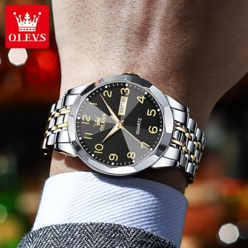 OLEVS Luxury Watch for Men - Black Arabic Numeral Dial with Gold and Silver Stainless Steel Band - Date and Day Function - Reloj para Hombre - Thumbnail 6