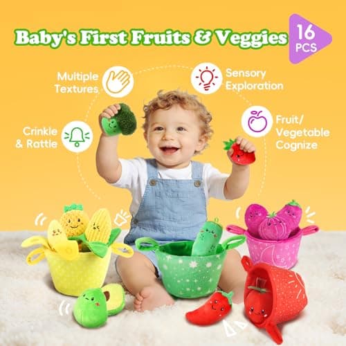 SAIMAND Baby Toys 6–12 Months, 16PCS My First Fruit Vegetable Sensory Toys for Babies Infants, Color Sorting Play Food with Crinkle & Rattle, Montessori Toys for 1 Year Old Toddlers Boys Girls - Thumbnail 2
