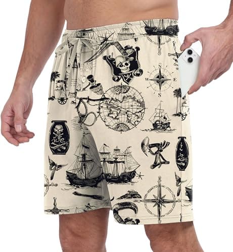 PrinStory Mens Pajama Shorts Soft Bottoms - Stretchy, Lightweight, Comfortable with Pockets FP-Beige Pirate Map-XL - Image 1