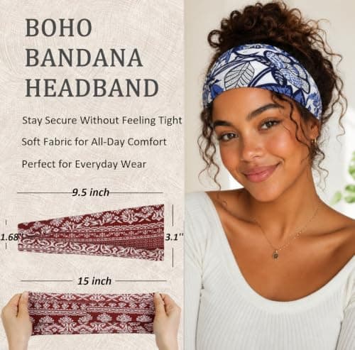 Tobeffect Headbands for Women Boho Bandana Headband: Wide Head Bands for Women's Hair Non Slip for Summer Beach, Fashion Thick Hairband 8 Pack - Thumbnail 2