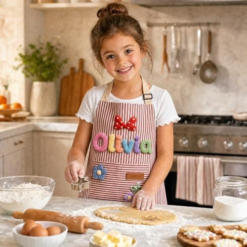 Customizable personalized aprons in adult and child sizes with printed names; these waterproof aprons for kitchen cooking, baking, painting feature pockets and adjustable straps, ideal for home use. - Thumbnail 6