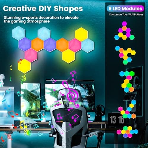 Pak Hexagon Lights 9 Packs DIY LED Light, RGB+IC Creative Gaming Lights Wall Décor with Remote, with APP Smart Modular Panel Hex Tiles, Push Glide Expansion Shape with Music Sync, Voice Control - Thumbnail 5