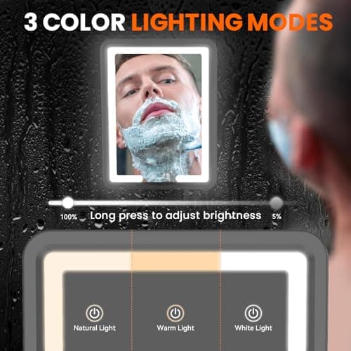 DeLanges LED Shower Mirror Fogless for Shaving - Heated Fog Free, 3 Dimmable Lights, 360° Adjustable, Rechargeable, Drill Free - with Storage Tray, Razor & Shaving Brush Holders,Gifts for Men - Thumbnail 4