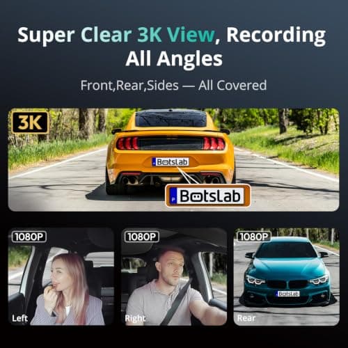 BOTSLAB 3K 4 Channel Dash Cam with Hardwire Kit, 24/7 Parking Mode, 360°All-Sides View, Front and Rear Inside Car Camera, 3.18”Touch Screen,Night Vision Voice Control,Free 128GB Card 5.8GHz WiFi & GPS - Thumbnail 2