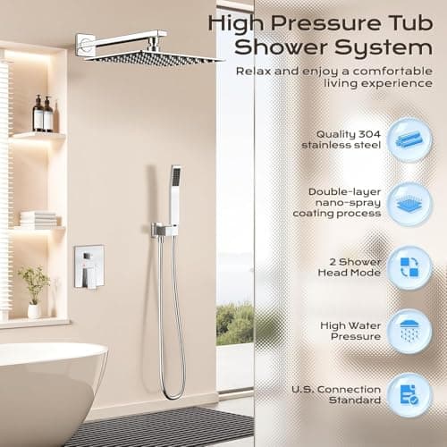 Concealed Shower System with Brass Pressure Balance Valve, 10 Inch Rain Shower Head & Handheld Spray, Solid Brass Rough-In Valve, Anti-Scald Faucet Set, 1/2" US NPT, Silver - Thumbnail 3