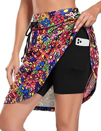 BLEVONH Tennis Skirts for Women, Womens 20" Knee Length Athletic Skorts Skirts Drawstring High Waisted Casual Summer Golf Skort with Pockets Colorful Flower M - Image 1
