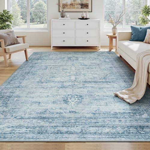 Carpelux 5x7 Washable Area Rugs for Living Room, Neutral Retro Aesthetic Non Slip Blue Rug for Nursery Kids Room, Soft Faux Wool Cozy Floor Carpet for Bedroom Dining Room - Image 1