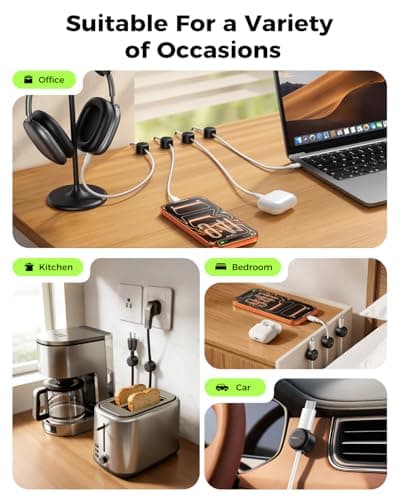 Rocoren 9 Pack Cable Clips [Upgraded], Magnetic 360° Rotatable Cord Holder, Adhesive Cable Management Organizer, Wire Keeper for Nightstand Desk Car Home Office Accessories - Thumbnail 4