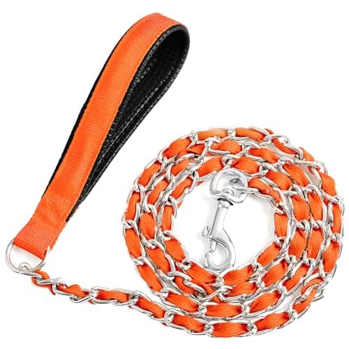 LUFFWELL Heavy Duty Metal Dog Chain Leash with Comfortable PU Leather Padded Handle, Chew Proof for Medium Large Pooch Walking Training (6FT 3.0mm Orange)