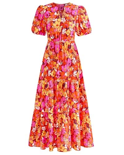 dowerme Womens Summer Dresses 2026 Casual Puff Short Sleeve V Neck Floral Boho Tiered Ruffle Maxi Dress with Pockets(Red Yellow Pink,Medium) - Image 1