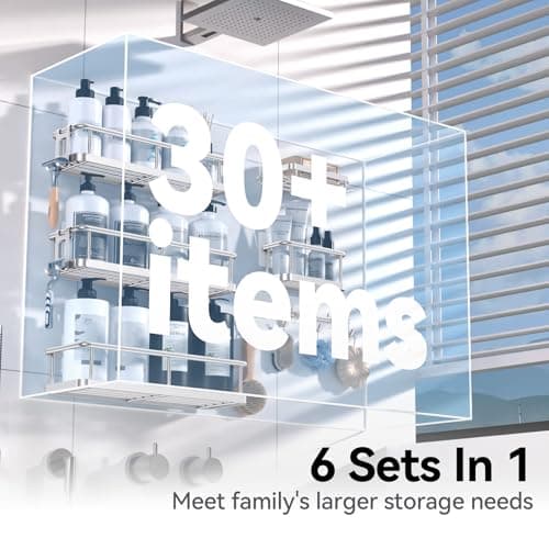 YASONIC Shower Caddy, 6 Pack Large Capacity Bath Organizer with Soap Holder and 12 Hooks, Rustproof bathroom Shelves for Inside Shower, No Drilling&Sleek Bathroom Organizers and Storage Silver - Thumbnail 3