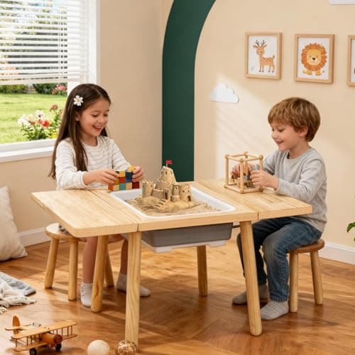 TTSZNB Wooden Activity Table with a Flip-Adjustable Desktop, Indoor/Outdoor Play Sand and Water, Multi-Functional Desk for Drawing Studying Dining - Image 1