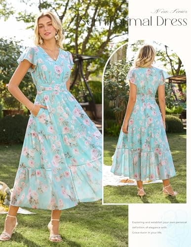 GRACE KARIN Women Summer Dress,Maxi Floral Dresses,Wedding Guest Flowy Dress 2026 Mint Green with Light Pink Roses M - Thumbnail 2