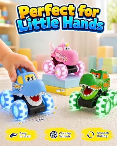 Cozycharm 3 Pack Monster Truck Toys for Toddlers, Light Up Animal Monster Trucks with Big Wheels, Friction Powered Toy Cars, Shark Dinosaur Unicorn Trucks for Boys and Girls Ages 18 Months and Up - Thumbnail 6