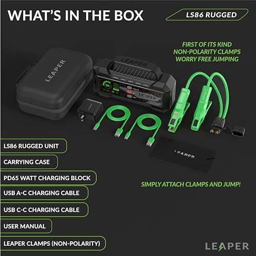 Leaper 12V Jump Starter, Black Jump Starter 2000A, 20000mAh. Non-Polarized Green Clamps Protection Carrying Case and a UL PD65W Premium Charger Included - Thumbnail 5