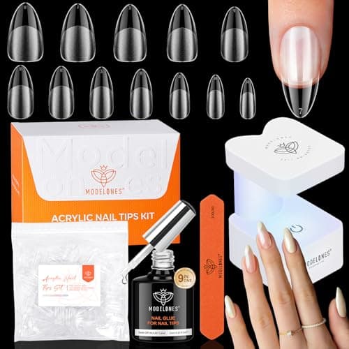 modelones X Nail Gel Kit Medium Almond, 9-in-One Nail Glue with Mini UV Light 216Pcs 12Sizes Pre-Etched Press ons Fake Acrylic Extension Kit DIY Salon Gift - Image 1