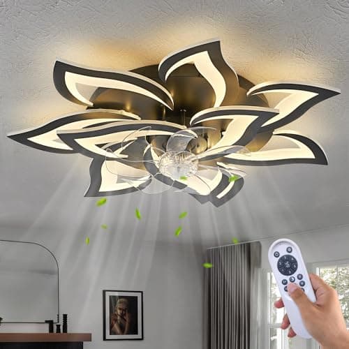 Dalouguan Modern Ceiling Fan with Lights Remote Control, 32" Black Ceiling Fan with Light, 6 Speeds 3 Light Color Low Profile Flush Mount Ceiling Fan for Kitchen Bedroom - Image 1