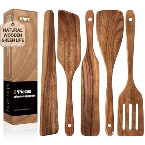 KLYRO 5 PCS Wooden Spatula Set, Natural Teak Wooden Spoons for Cooking, Nonstick Cookware Safe Kitchen Utensils Set, Durable & Elegant Cooking Utensils Gift Set - Image 1