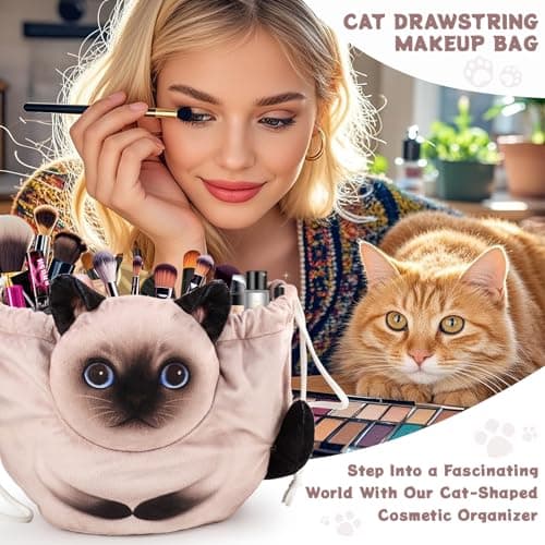 Openhahaha Drawstring Makeup Bag - Travel Organizer, Cosmetic Pouch, Cat Gift for Women, Lay Flat Bag for Cat Lovers - Thumbnail 2